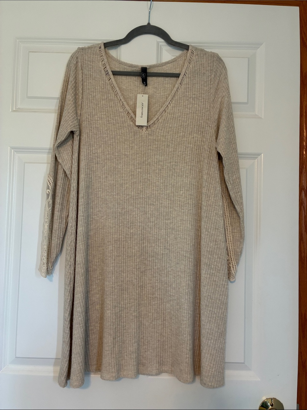 Alya Ribbed V-Neck Long Sleeve Dress in Neutral Beige